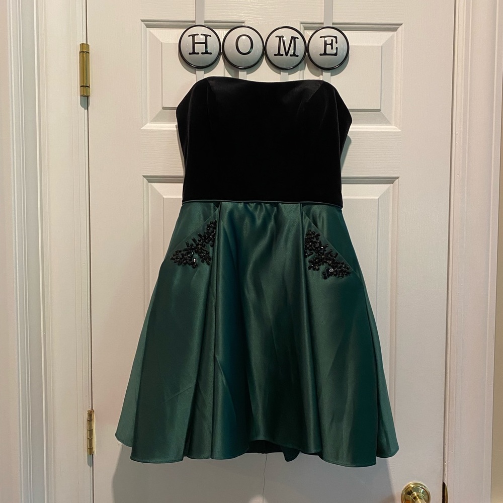 Satin green dress with black velvet design.